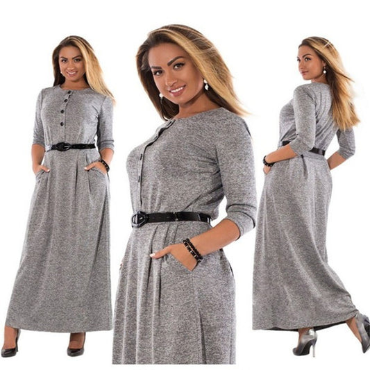 Autumn Clothes Plus Size Women's Clothes Dress Solid Color Long Sleeve High Waist Belt