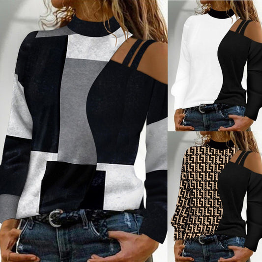 Autumn And Winter Simplicity Off-the-shoulder Colored Geometric Blocks Pattern Long Sleeve Top For Women