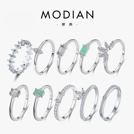 Modian 925 Sterling Silver Japanese and Korean-Style Light Luxury Folding Ring with Wind Ins Tide Tourmaline Temperament and Fully-Jewelled Crown Row Ring Women
