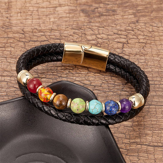 Colorful 8mm Stone Beaded Vintage Leather Natural Stone Bracelet