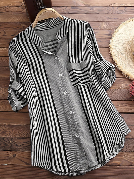 Striped Print Rollable Sleeve Shirt, Casual Button Front Hem Arc Collar Shirt
