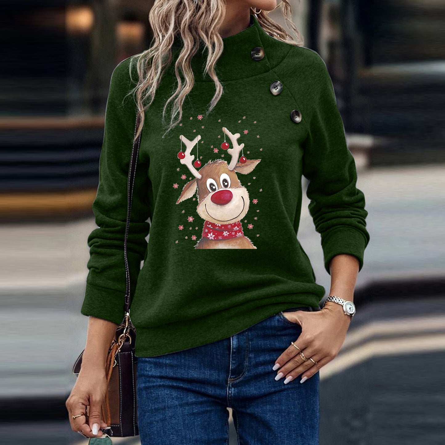 Fawn Christmas Loose Long Sleeve Sweatershirt Women