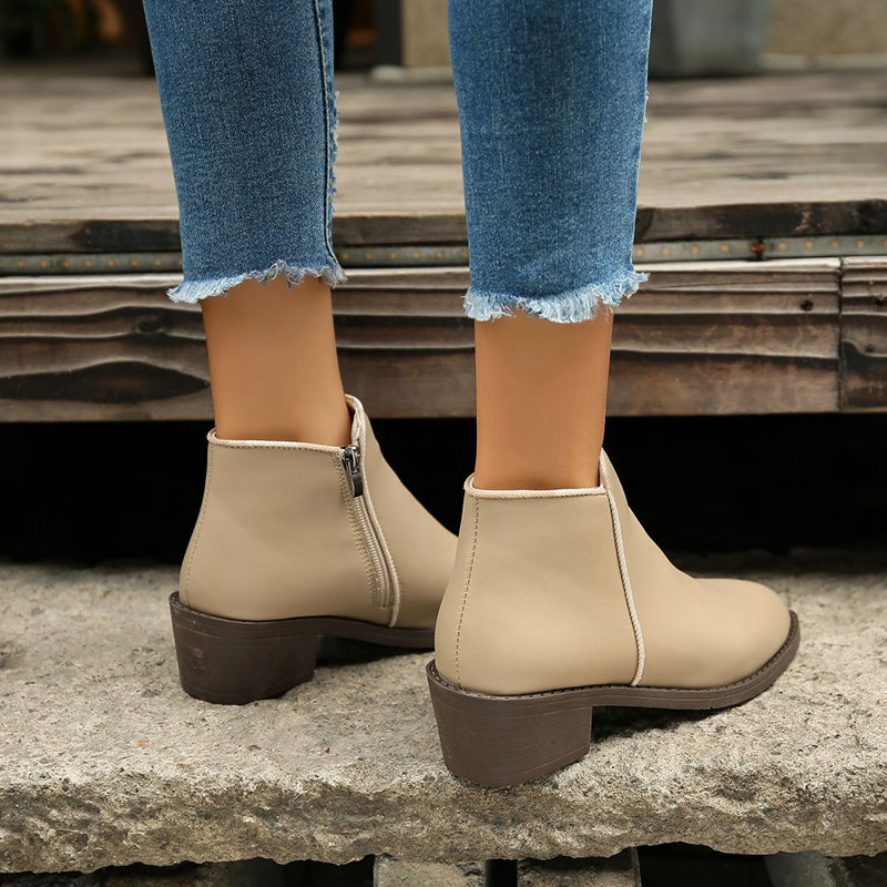 Ankle Boots Women Chunky Mid Heel Shoes Waterproof Side Zipper Boots