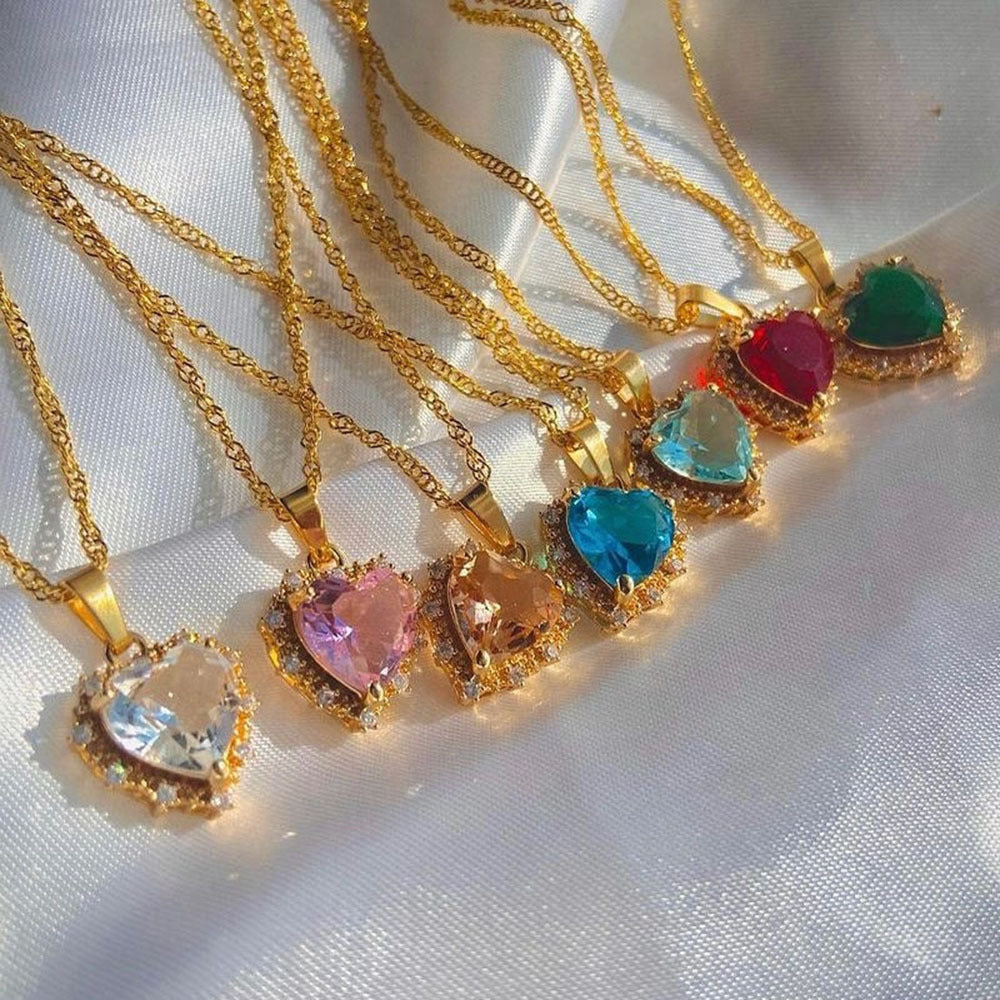 Colorful Rhinestones Heart-shped Necklace Love Gold Clavicle Chain Ins Personalized Jewelry For Women Valentine's Day