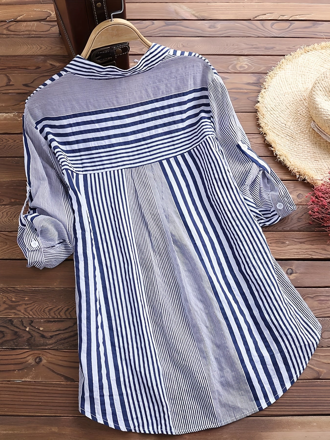 Striped Print Rollable Sleeve Shirt, Casual Button Front Hem Arc Collar Shirt