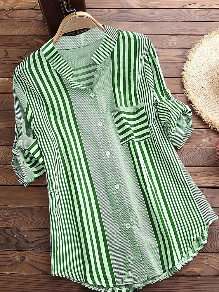 Striped Print Rollable Sleeve Shirt, Casual Button Front Hem Arc Collar Shirt